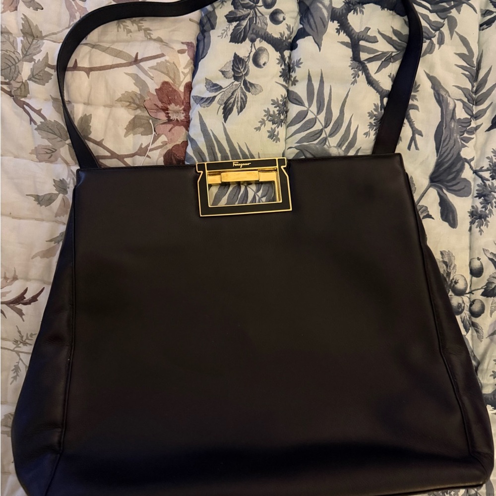 Salvatore Ferragamo Black Shoulder Bag with Gold Accent